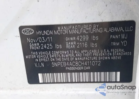 2012 Hyundai Sonata Gls z USA, uszkodzony, nr VIN 5NPEB4AC8CH411072